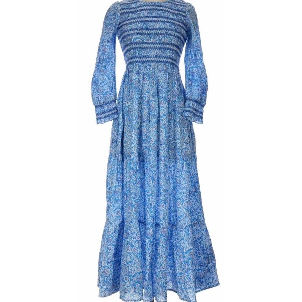 Pink City Prints Isabella Smocked Floral Tiered Maxi Dress Medium Prairie